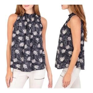 Joie Womens Medium Navy Ivory Floral Sleeveless Smocked High Neck Keyhole Blouse